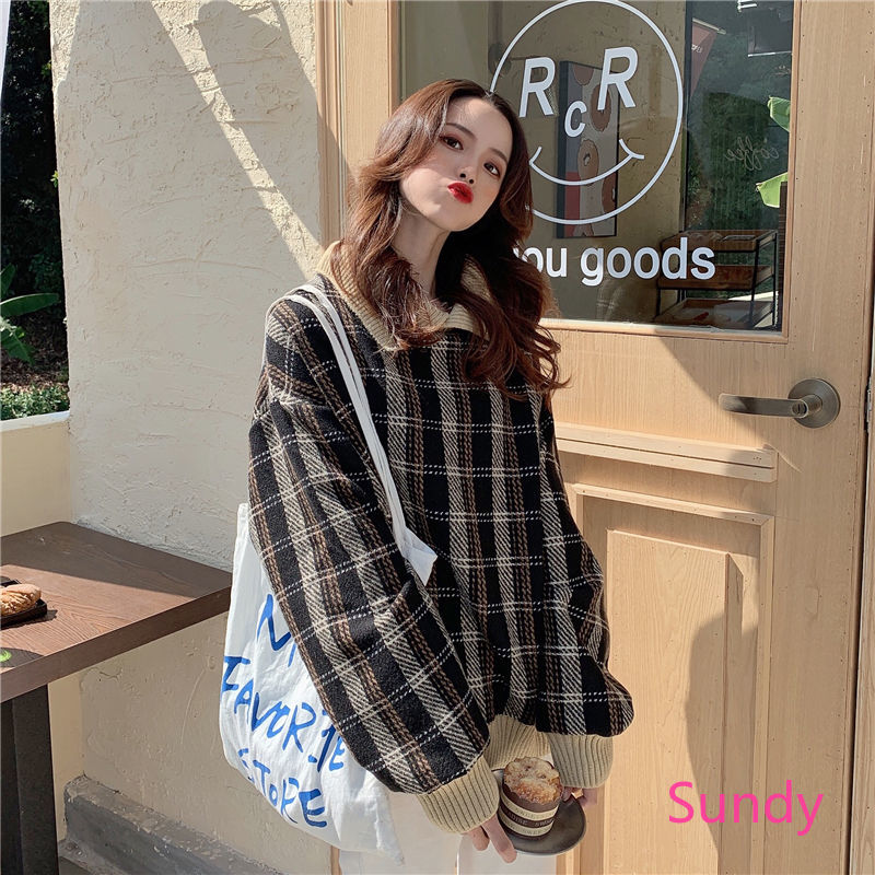 Áo Sweater Nhung Dày Dáng Rộng Cổ Polo Kẻ Sọc Xinh Xắn Dành Cho Nữ