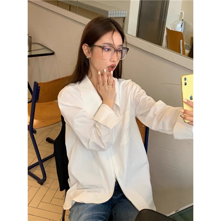 Áo Sơ Mi Tay Dài Màu Trơn Dáng Rộng Phong Cách Hàn Quốc Thời Trang Cho Nữ