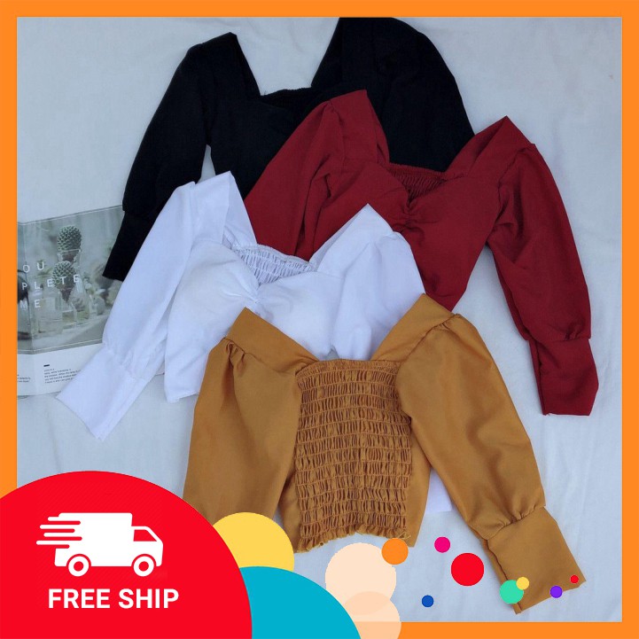 🌸 11236B1 Áo kiểu nữ tay dài xẻ ngực, nhún lưng ôm body, có mút tiện lợi 🌸