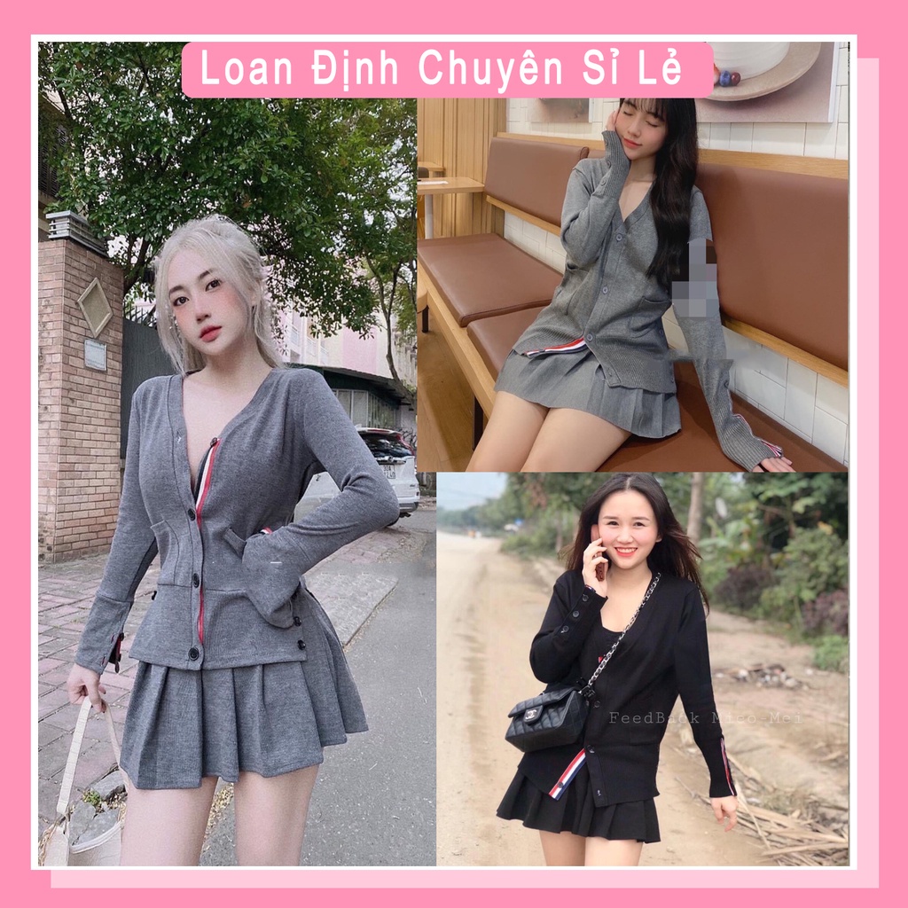 ▩๑ Set bộ váy áo len Thom sọc chân xếp li ngắn đồ tăm nữ thu đông LD004