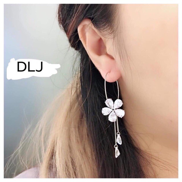 Bông tai nữ đẹp chất liệu bạc ta khuyên tai tròn gắn hoa dáng thả dài/ Trang sức bạc JQN