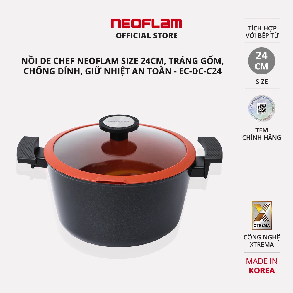 [Mã BMBAU300 giảm 10% đơn 499K] Nồi de Chef Neoflam size 24cm, tráng gốm, chống dính, giữ nhiệt an toàn ECDCC24