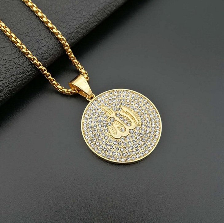 Hip Hop Iced Out Round Allah Pendant Necklace Stainless Steel Islam Muslim Arabic Gold Color Prayer Jewelry