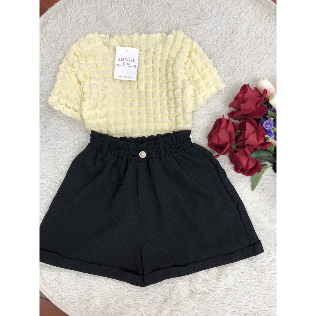 Set Bộ Nữ Áo croptop xốp quần đùi nữ ống rộng CL01