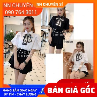 Ảnh thật sơ mi thắt nơ cổ đính đá x - mt1958 - sơ mi tay ngắn cổ phối - sơ mi tay bèo