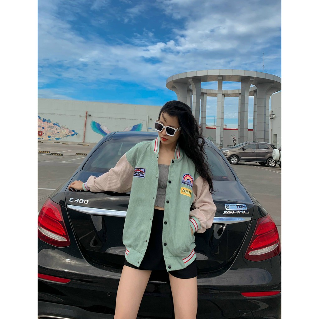 Áo Khoác Bomber Unisex Chất Nhung Tăm Tay Bo Chun Form Rộng Phối 2 Màu Thêu Deep End Nam Nữ Ulzzang, Labibi
