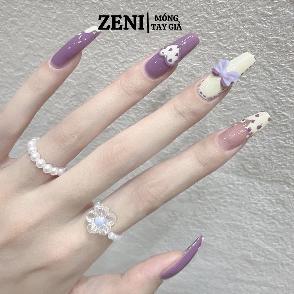 Móng tay giả dài kèm keo đính đá đính nơ bộ 24 móng với họa tiết độc đáo tặng kèm phụ kiện dán móng