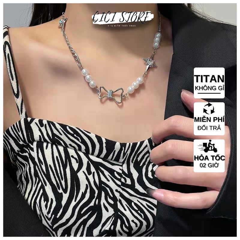 Dây Chuyền Nữ Thép Titan Không Gỉ Đôi Ngôi Sao Phối Ngọc Trai Nhân Tạo Với Thiết Kế Mới Mát Mẻ