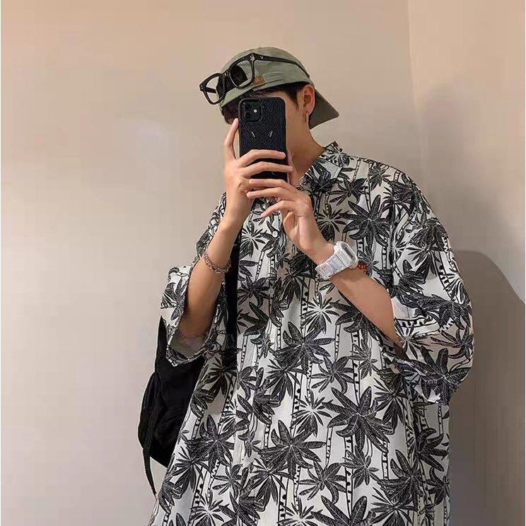 Áo Sơ Mi Lụa Tay Ngắn Dáng Rộng In Họa Tiết Hoa Trẻ Trung Phong Cách Hàn Quốc 2022 Cho Nam