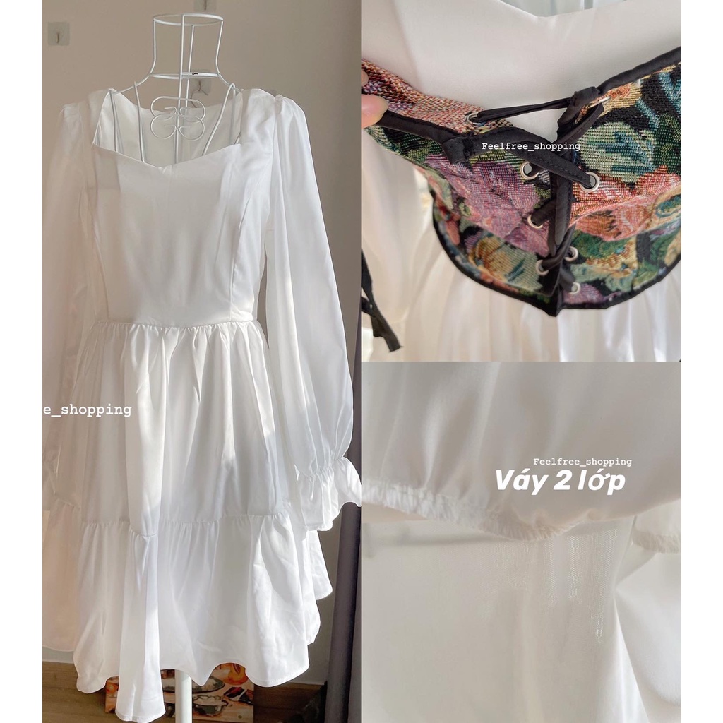 Set Feelfree Váy Trắng Xoè Áo Yếm Rút Dây Thích Hợp Mặc Đi Tiệc, Đi Chơi, Kỷ Yếu (Hình Thật) S001