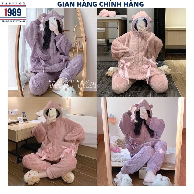Bộ đồ mặc nhà lông cừu ấm áp nơ túi 2 mầu tím hồng ,bộ ngủ lông gấu nữ kute dễ thương -PHƯƠNG 1989