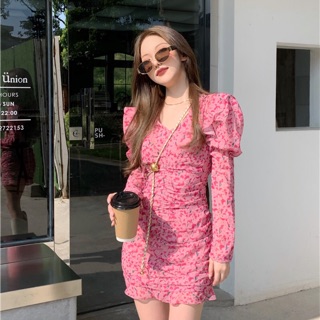 Váy hoa nhí ôm body, đuôi cá nhúm bèo, cổ V tay bồng (có ảnh thật)