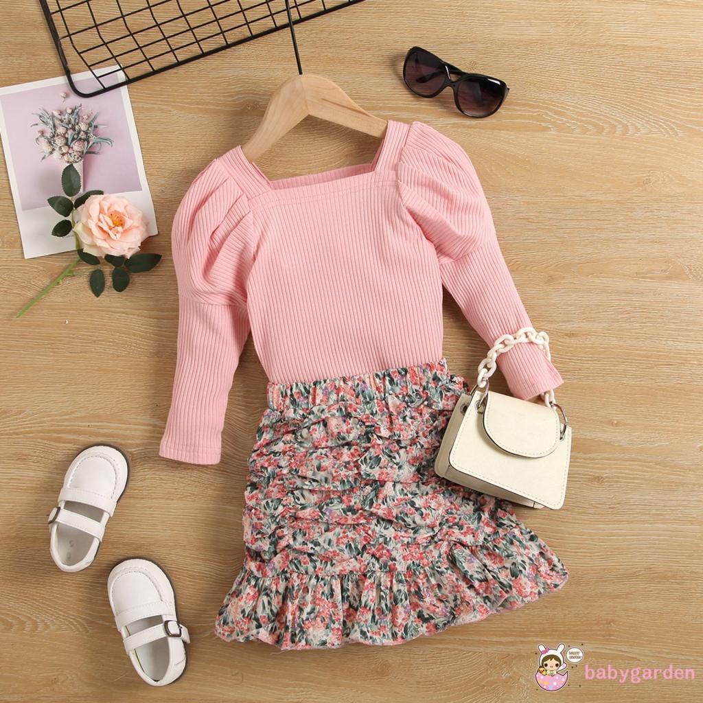 Bộ áo cổ vuông tay dài + chân váy ngắn lưng thun in hoa màu sắc xinh xắn cho bé gái