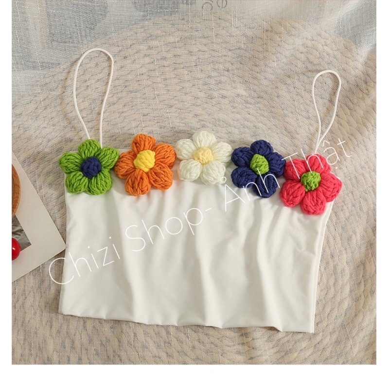 [HOT] ÁO HAI DÂY CROTOP ĐÍNH HOA LEN, ÁO HOA LEN MÓC SIÊU DỄ THƯƠNG blossom AHO203