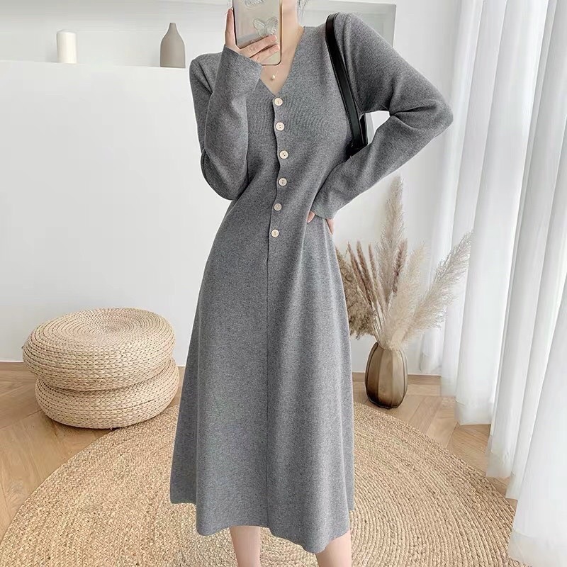 ⚡️BÁN SỈ⚡️Đầm xoè dài tay phối cúc 2 màu đen xám