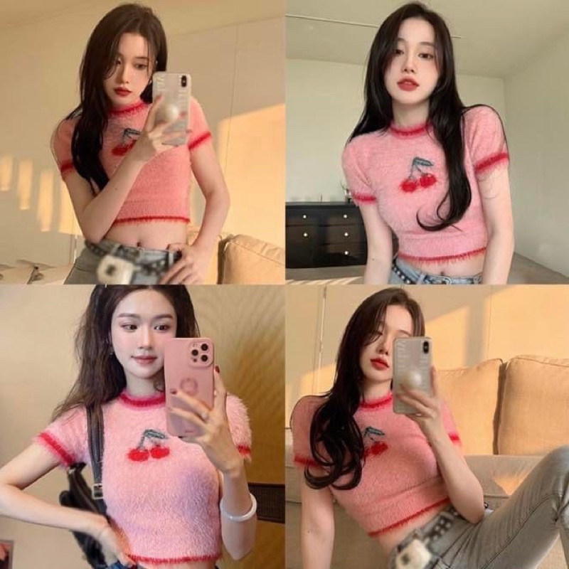Áo kiểu tay ngắn nữ cổ tròn len lông vũ in hình cherry tiểu thư - Order taobao quảng châu