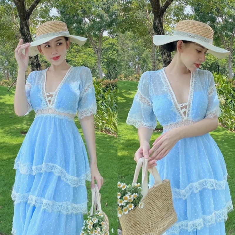 Maxi voan bi xanh biển/trắng hở xẻ ngực, đầm váy dài tiểu thư xoè tầng ren sang trọng, thời trang đi chơi biển du lịch
