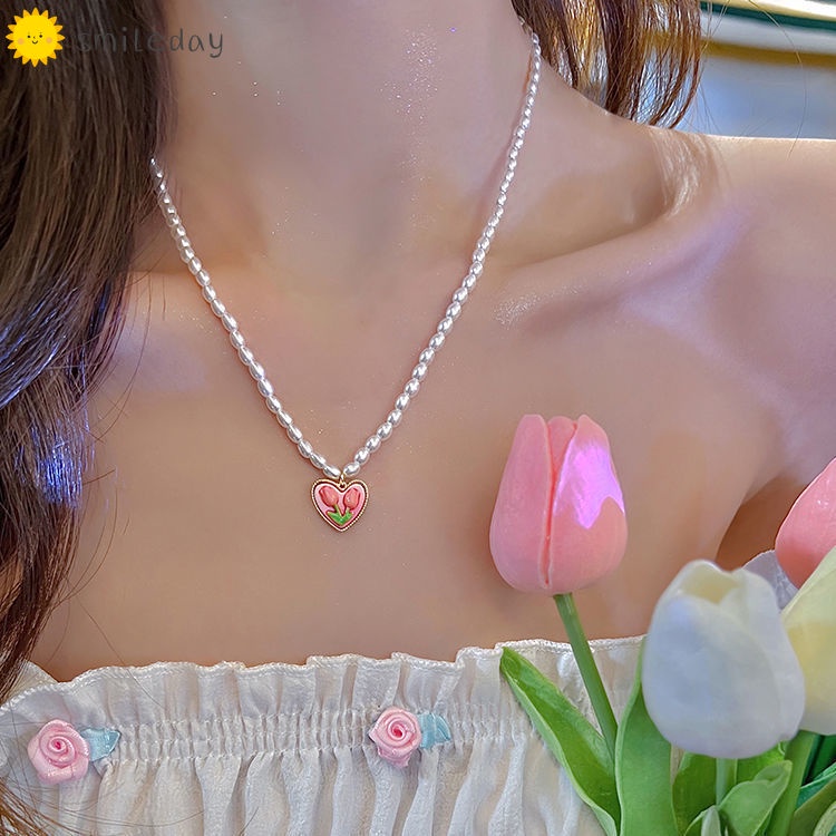 Vòng cổ Mặt Hoa Tulip Đính Ngọc Trai Nhân Tạo Thời Trang