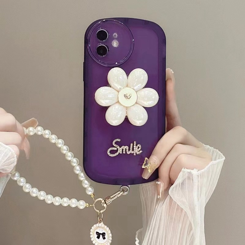 Ốp Điện Thoại Họa Tiết Hoa Đính Ngọc Trai Kèm Giá Đỡ Và Dây Đeo Cho iphone 15 14 13 12 11 pro max 7 8 plus x xs max xr se 202