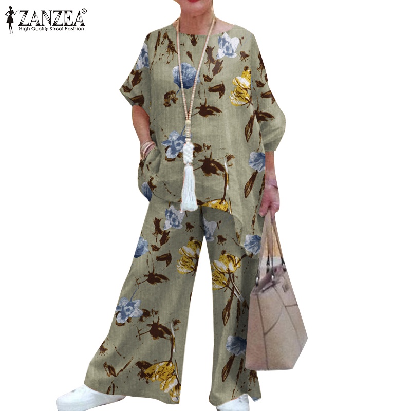 Zanzea Bộ Áo Tay Ngắn Kèm Quần Dài Ống Rộng Bằng Cotton Lanh Phong Cách Châu Âu Dành Cho Nữ