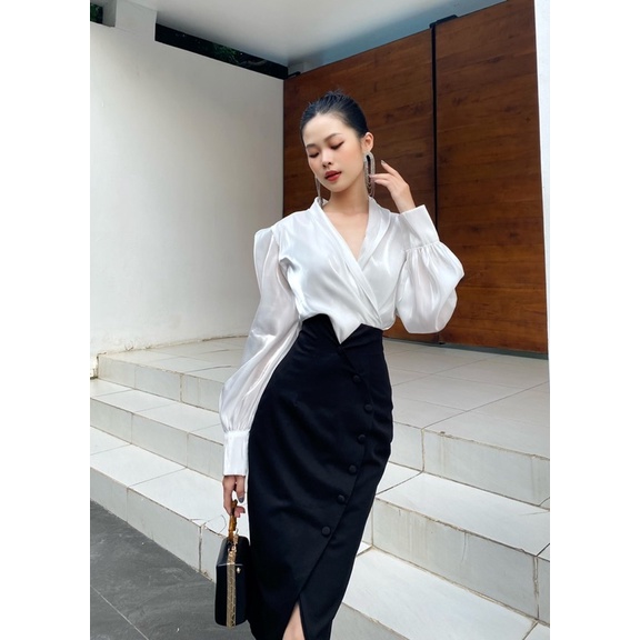 VELLE DESIGN Chân váy bút chì Mira đính nút chất liệu dày dặn không nhăn, kiểu dáng thanh lịch sang trọng