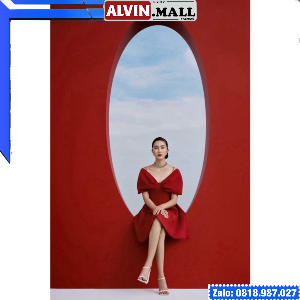 🔥𝓠𝓾ả𝓷𝓰 𝓒𝓱â𝓾 CAO CẤP🔥 Đầm dáng xòe hai dây hở vai ngang phối nơ màu xanh navy đỏ vải thun 4D nhập cao cấp ladyvi