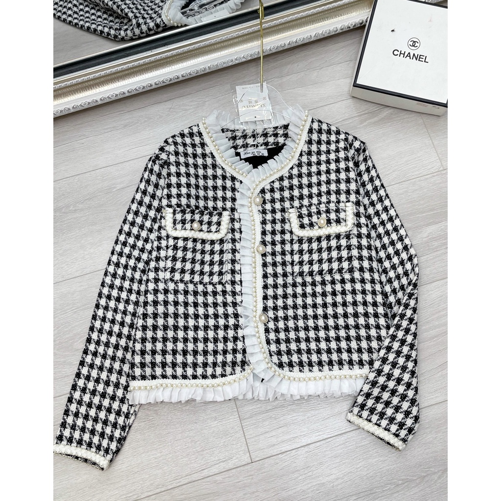 : Áo dạ khoác Tweed ziczac viền bèo túi ngực 2 lớp dày dặn, cúc ngọc