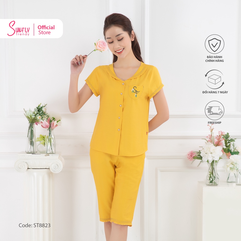 Bộ đồ mặc nhà nữ pijamas linen SUNFLY áo cộc, quần ngố ST8823