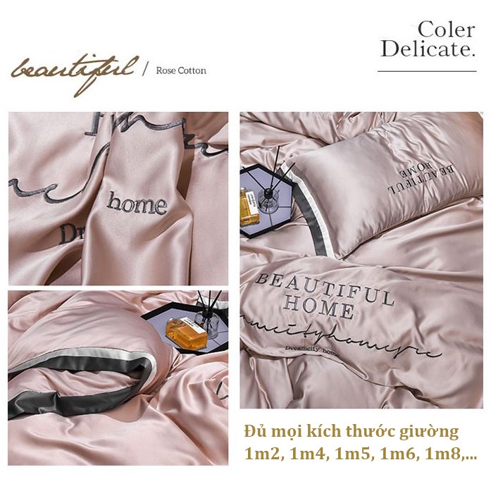 Bộ chăn ga gối phi lụa M2T BEDDING phong cách Hàn Quốc Luxury thêu chữ BeautifulHome sang trọng đủ kích thước và màu sắc