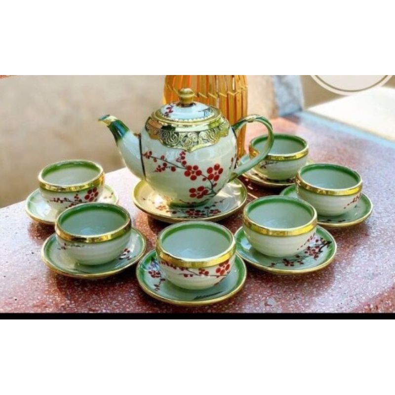 Ấm chén Bọc Đồng_Ấm trà Minh Long vẽ Mai Đào dung tích 500ml Bát Tràng[ ko kèm khay như hình ]