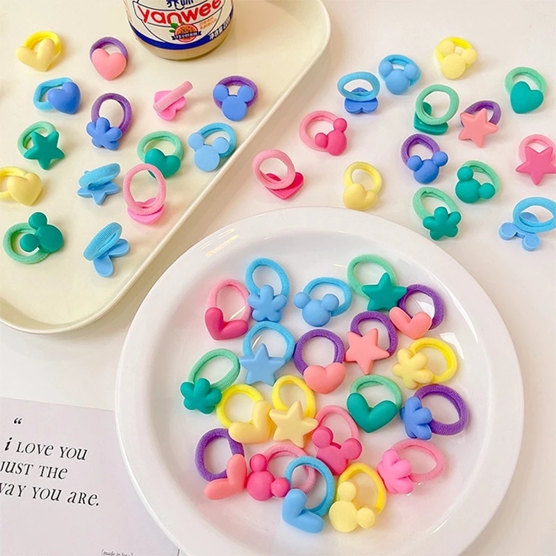 10Pcs Cartoon Simple Heart Bow Girls Cute Hair Bands Candy Color Multicolor Soft Elastic Rubber Band Scrunchies Kids Hair Accessories