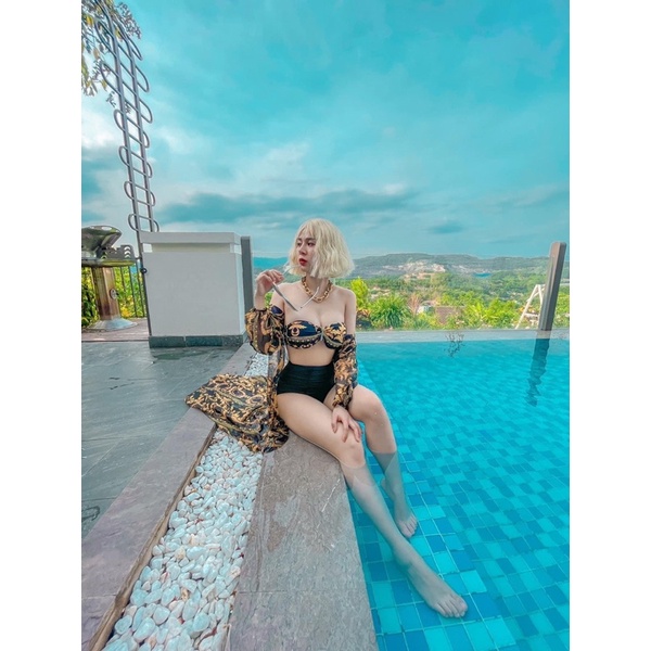 BIKINI Set 4 chi tiết 2 mảnh cạp cao thương hiệu kem váy, áo choàng
