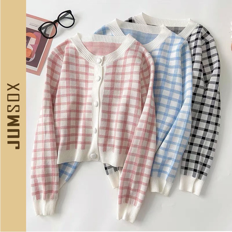 Áo khoác cardigan croptop kẻ caro- JUMSOX- JS0097