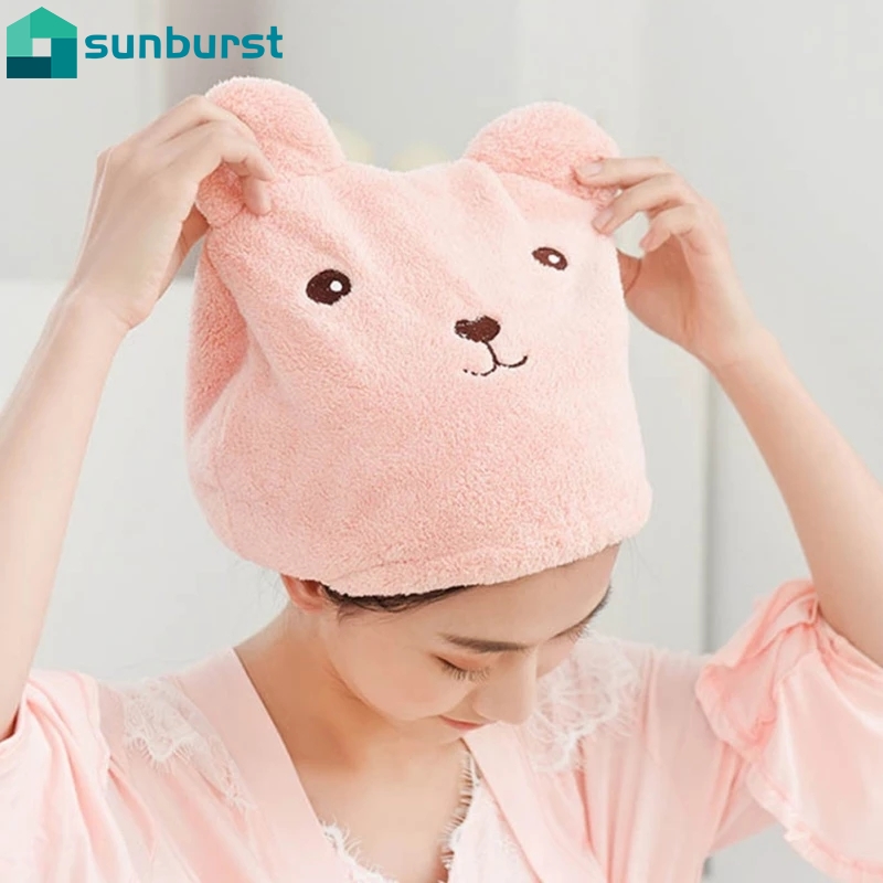 Mũ trùm đầu chất liệu lông cừu san hô thấm hút tốt giúp làm khô tóc thiết kế hình gấu dễ thương