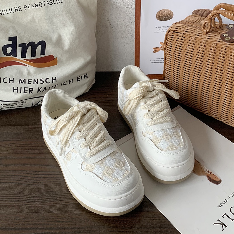 Giày nữ Ulzzang đế độn họa tiết caro đế bánh mì dây bản to Hottrend CR02