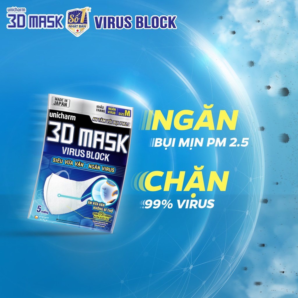 [CHÍNH HÃNG] Khẩu Trang Ngăn Vi Khuẩn Unicharm 3D Mask Virus Block Size S, M, L Gói 5 Miếng