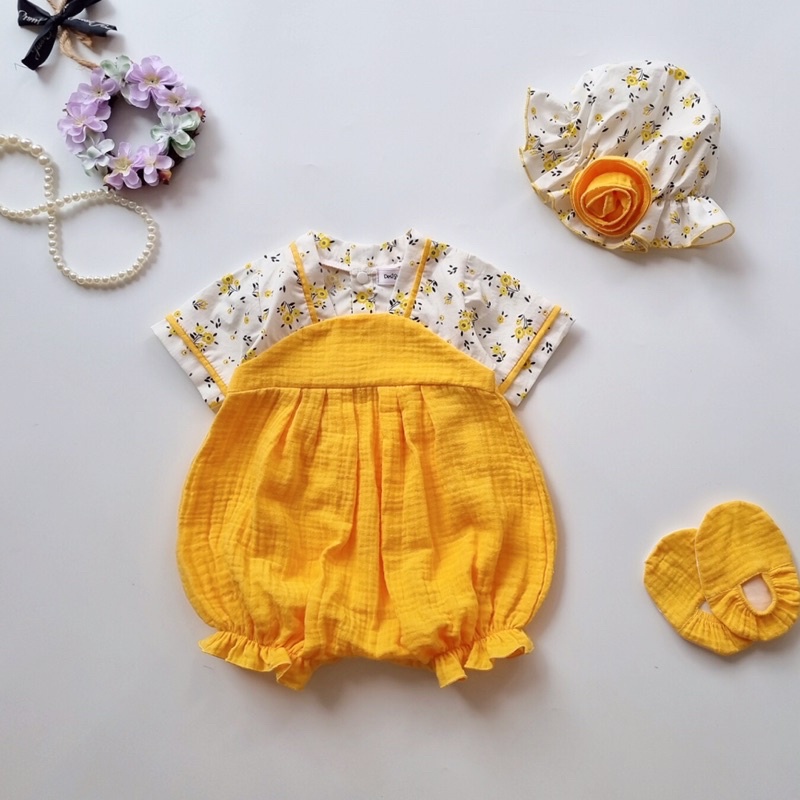 Body Hanbok kiểu hàn quốc hoa vàng xinh xắn cho bé kèm phụ kiện