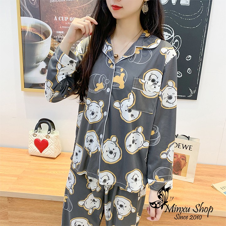 Đồ Bộ Pijama Dài Tay Lụa, Đồ Ngủ Pizama Nữ - Phong Cách Hàn Quốc - Sợi Tơ Sữa Mềm, Mịn - Siêu Dễ Thương