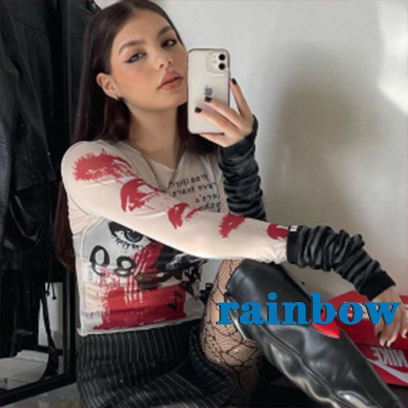 RAINBOW-Y2K E-girl Graphic Print Mesh Crop Top Harajuku Grunge Long Sleeve See Through Tees Gothic Mall Goth Crop Top
