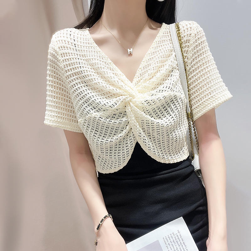 Áo Dệt Kim Tay Ngắn Phối Khăn Choàng Ren Lưới Thời Trang Mùa Hè Xinh Xắn Cho Nữ