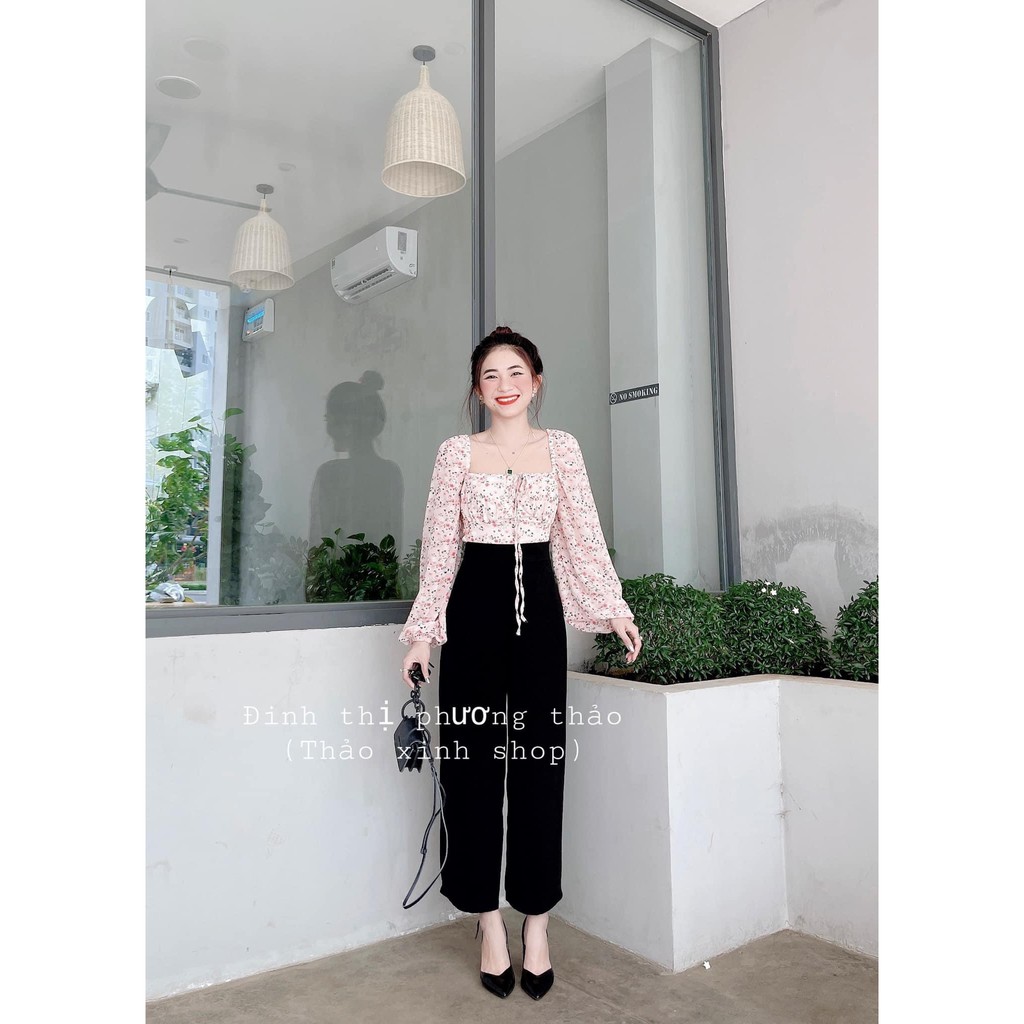 [FREESHIP] SÉT ÁO HOA CHUN NGỰC CỔ VUÔNG MIX QUẦN ỐNG XUÔNG