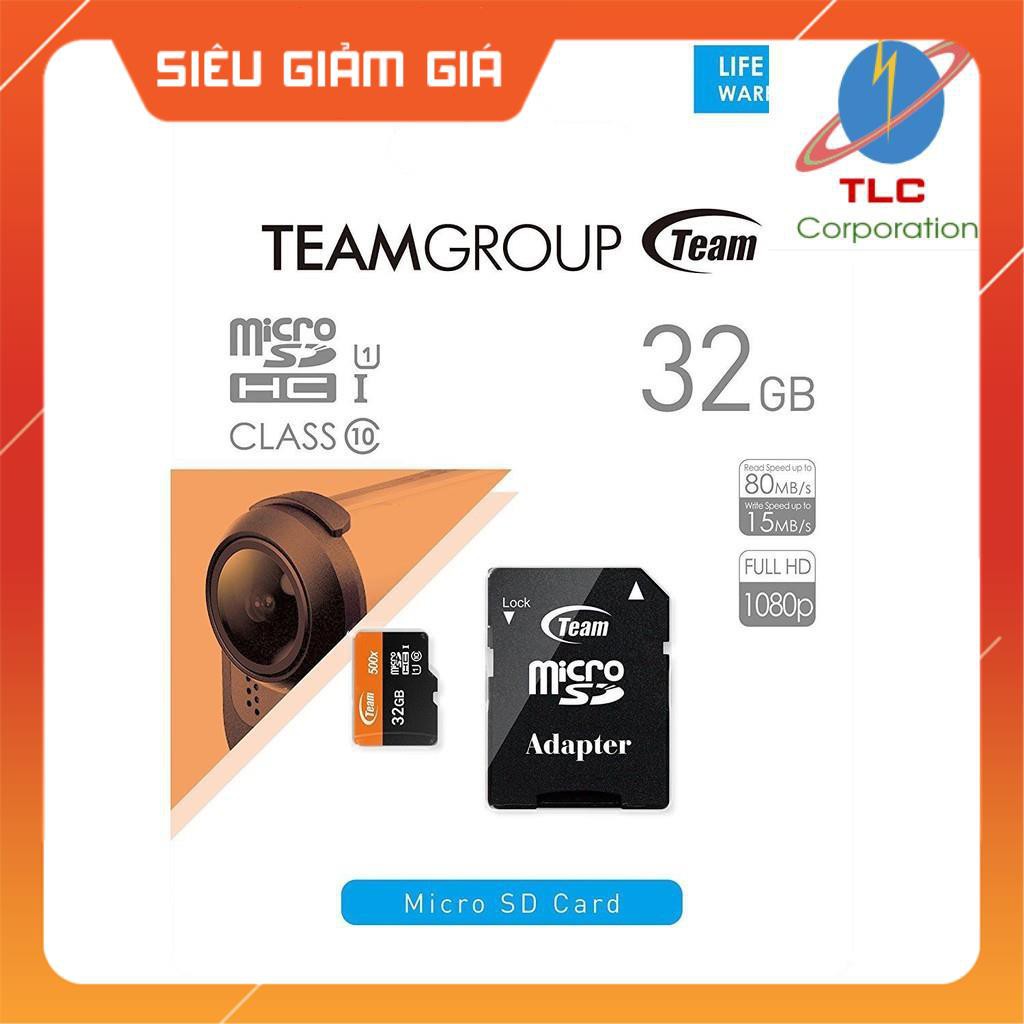 Thẻ nhớ microSDHC Team 32GB 500x upto 80MB/s class 10 U1 kèm Adapter (Cam)+đèn LED USB