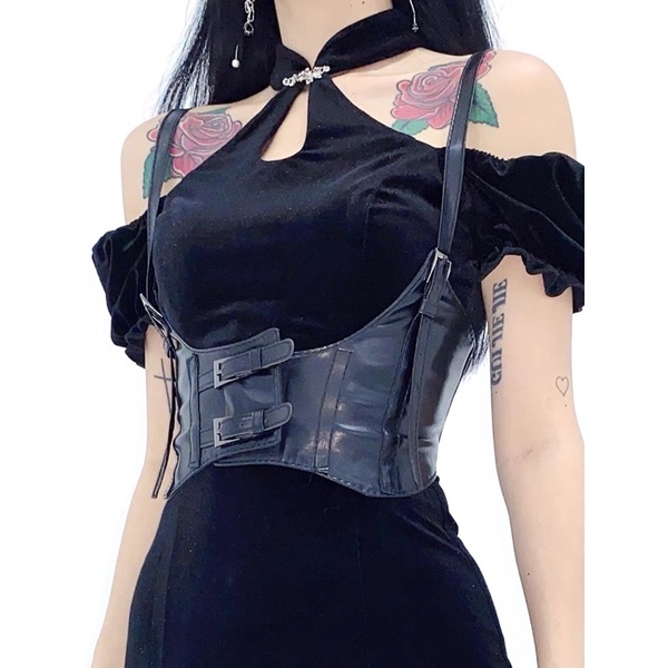 Đai váy corset có quai đeo gile ĐV035- Thắt lưng nịt eo bằng da đen phong cách steampunk cá tính Đai nịt áo váy cosplay