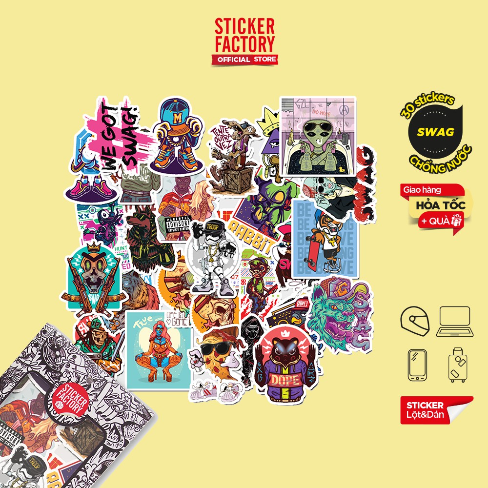 Hộp set 30 sticker decal hình dán nón bảo hiểm , laptop, xe máy, ô tô STICKER FACTORY - Swag