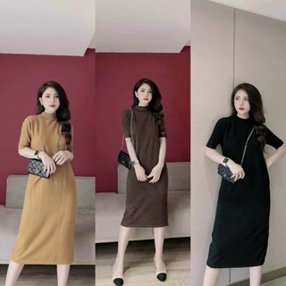 V670 Váy Len Nữ , Váy Dáng Suông Thiết Kế Cổ 3 Phân Tay Lửng Chất Len Mềm Min, Dáng Dài Sẻ Tà