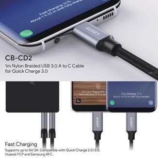 Cáp sạc nhanh AUKEY CB-CD2 Dây sạc type C 3A USB3.0 5Gbps 1m cho Samsung Xiaomi MacBook Nintendo Switch Android
