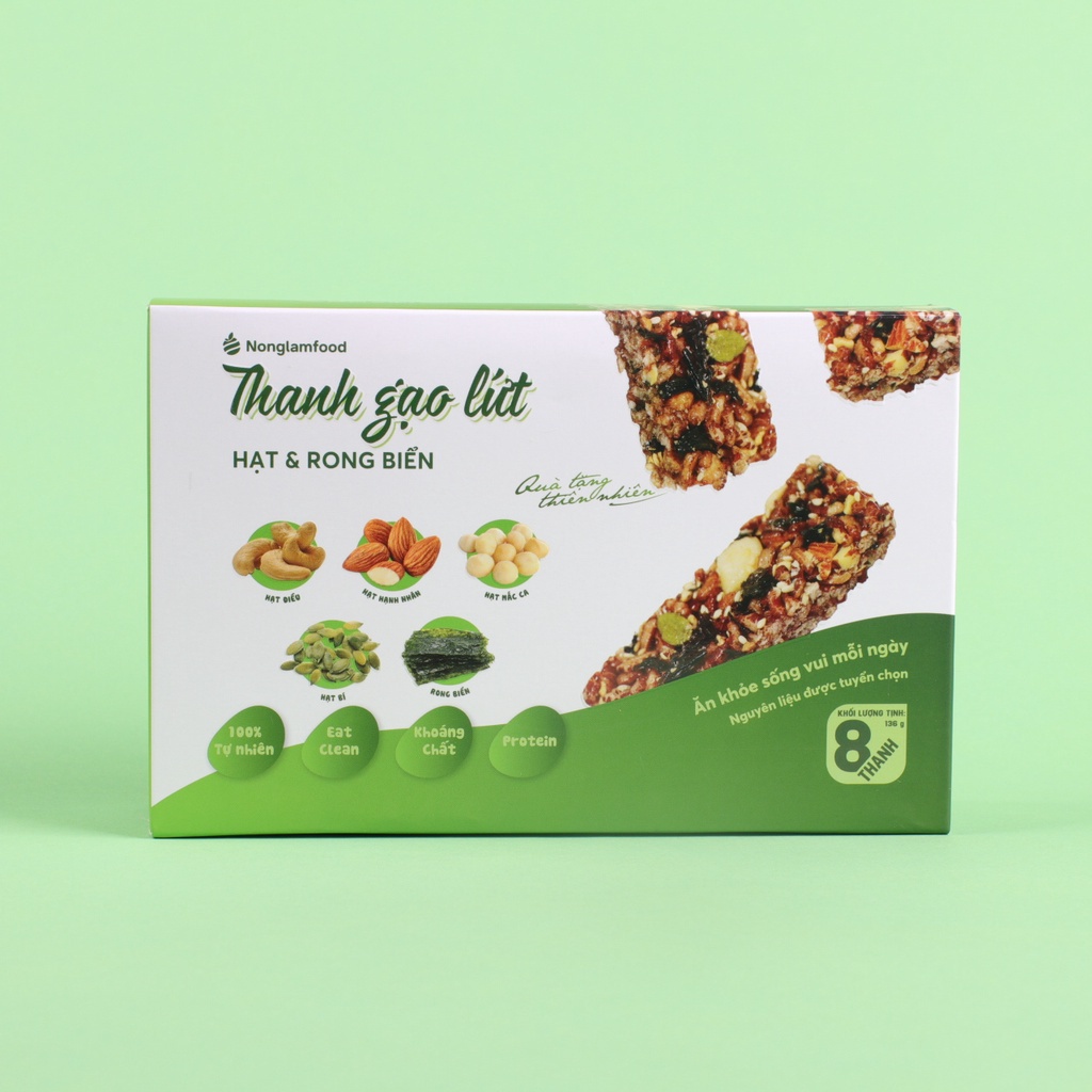 Thanh gạo lứt ngũ cốc hạt và rong biển Nông Lâm Food hộp 8 thanh dinh dưỡng hỗ trợ giảm cân ăn kiêng hiệu quả.