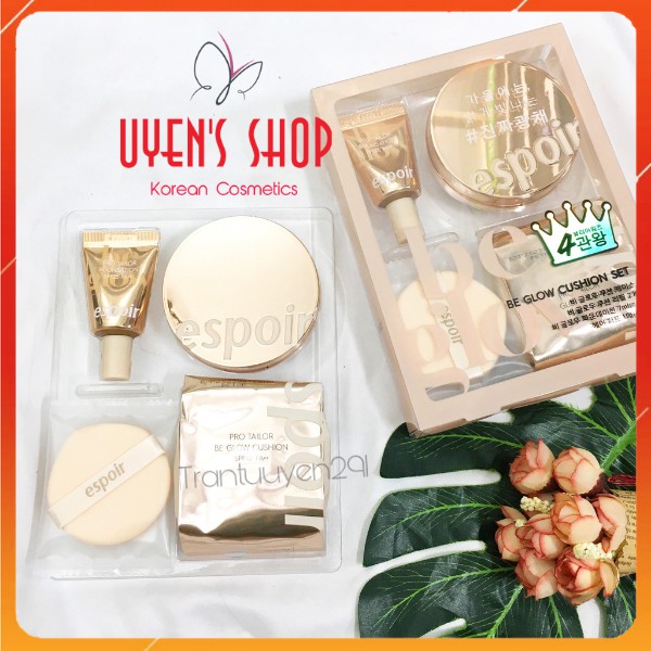 (Kèm Lõi) Set phấn nước Espoir Pro Tailor Be Glow Cushion SPF42 PA+++ tặng Kem nền Espoir Pro Tailor Foundation SPF25