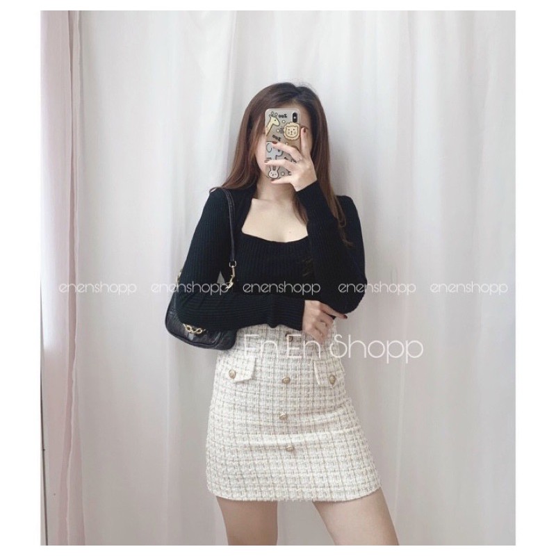 Áo len tăm cổ vuông tôn vòng 1, Áo kiểu sexxy dài tay cổ U vải len co giãn AL1556 - NhiNhiShop