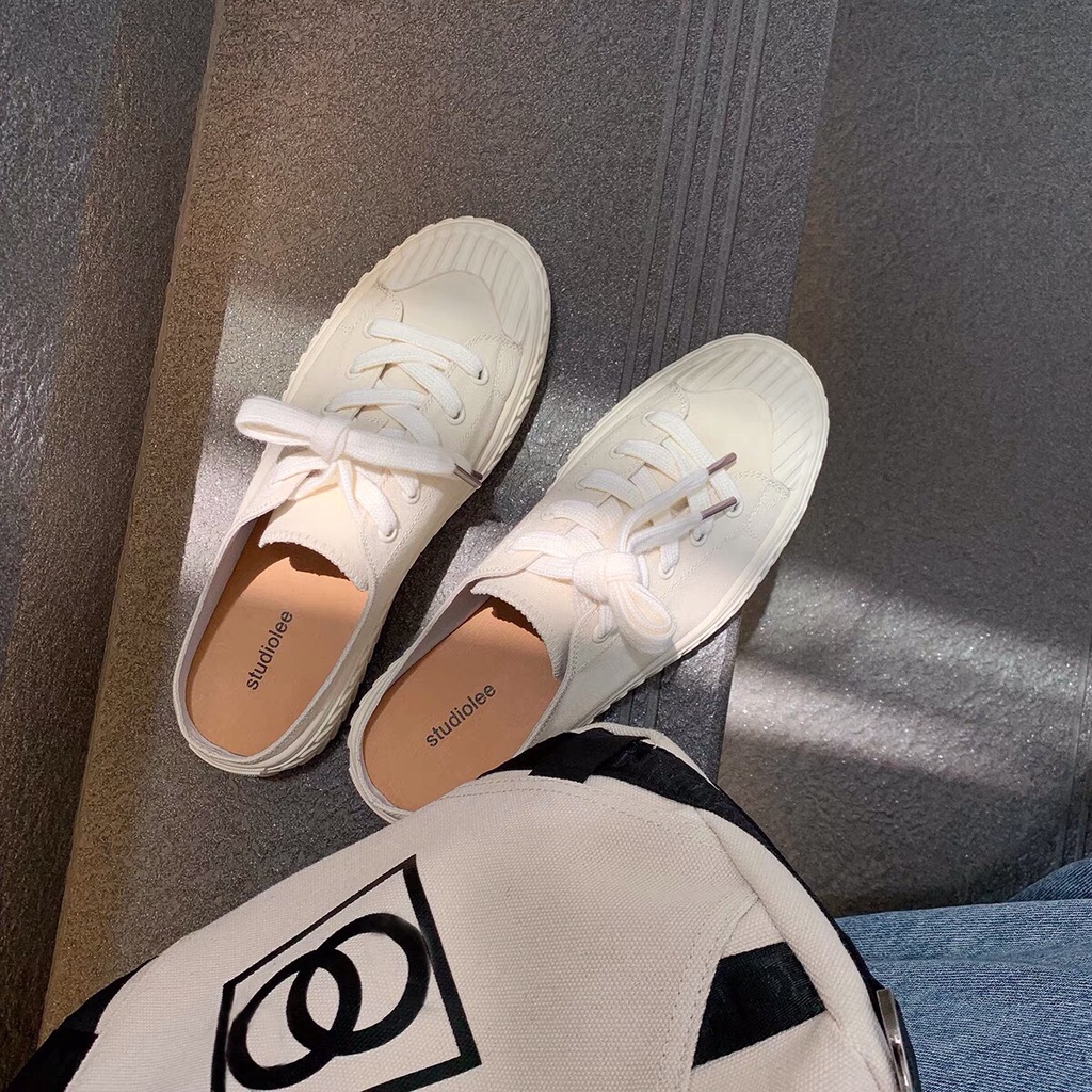 Giày sục thể thao nữ đạp gót màu trắng trơn vải canvas đế độn cao 3cm - LAPA